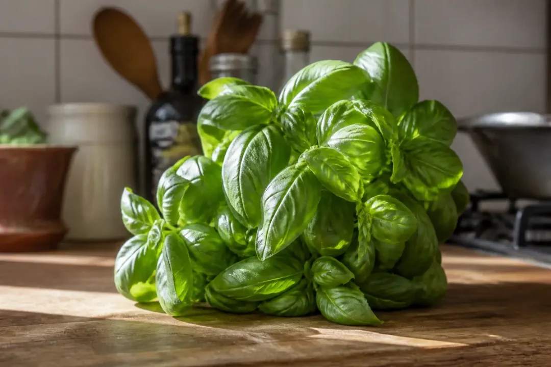 Bouquet de basilic vert frais sur une table en bois, cuisine en arrière-plan.