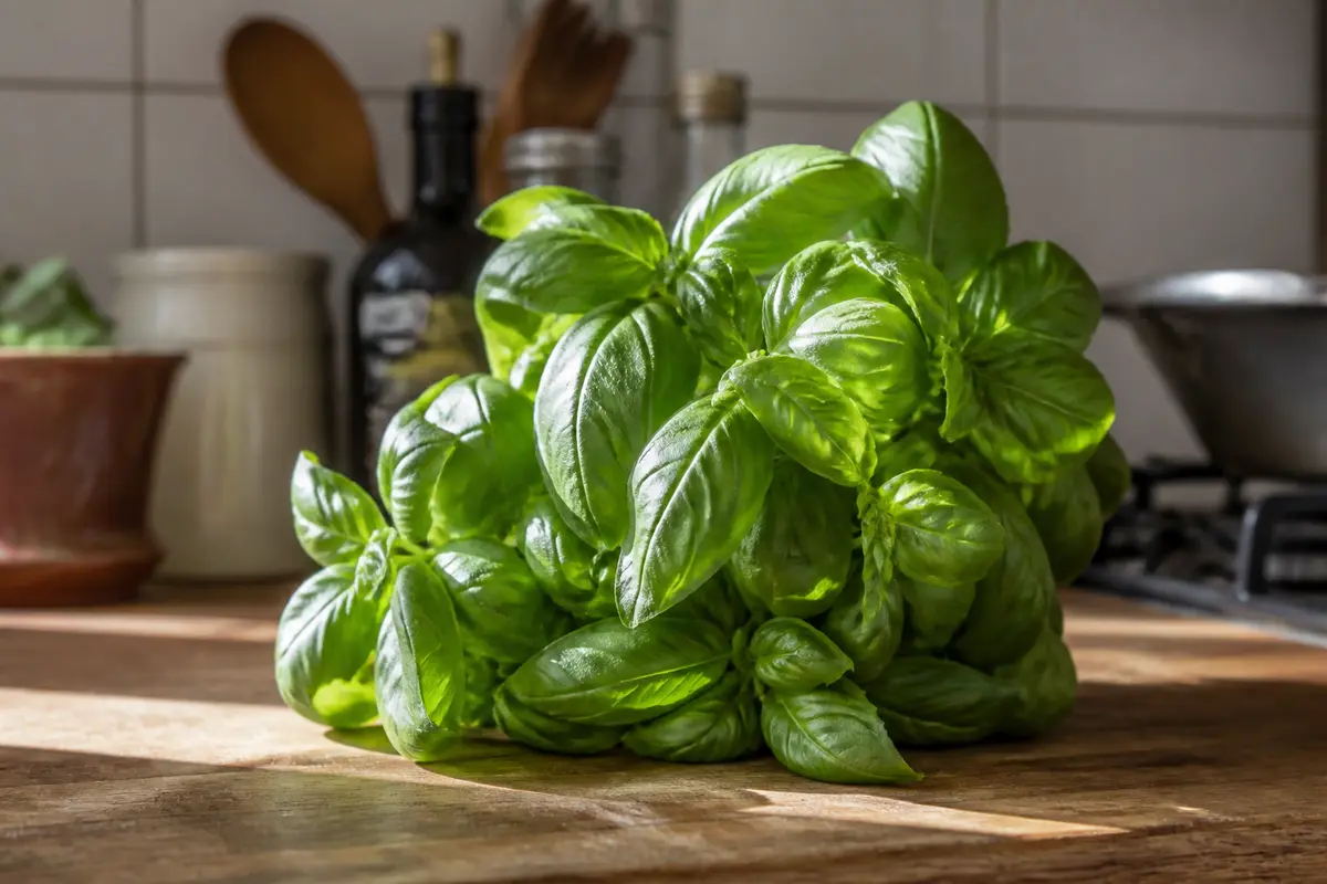 Bouquet de basilic vert frais sur une table en bois, cuisine en arrière-plan.