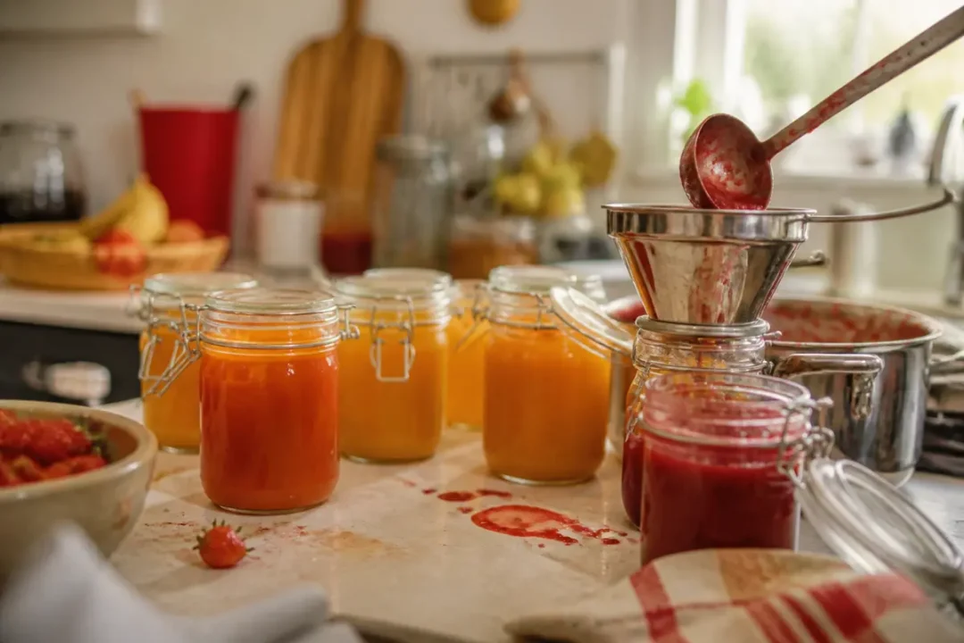 Bocaux de confitures maison à la fraise, orange. Entonnoir en cuisine, ambiance rustique et chaleureuse.