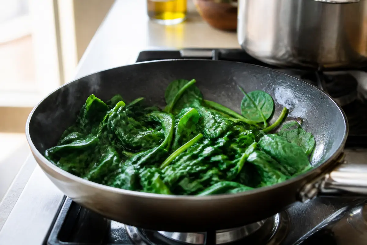 Épinards frais cuisant dans une poêle, sur cuisinière, éclairage naturel en cuisine.