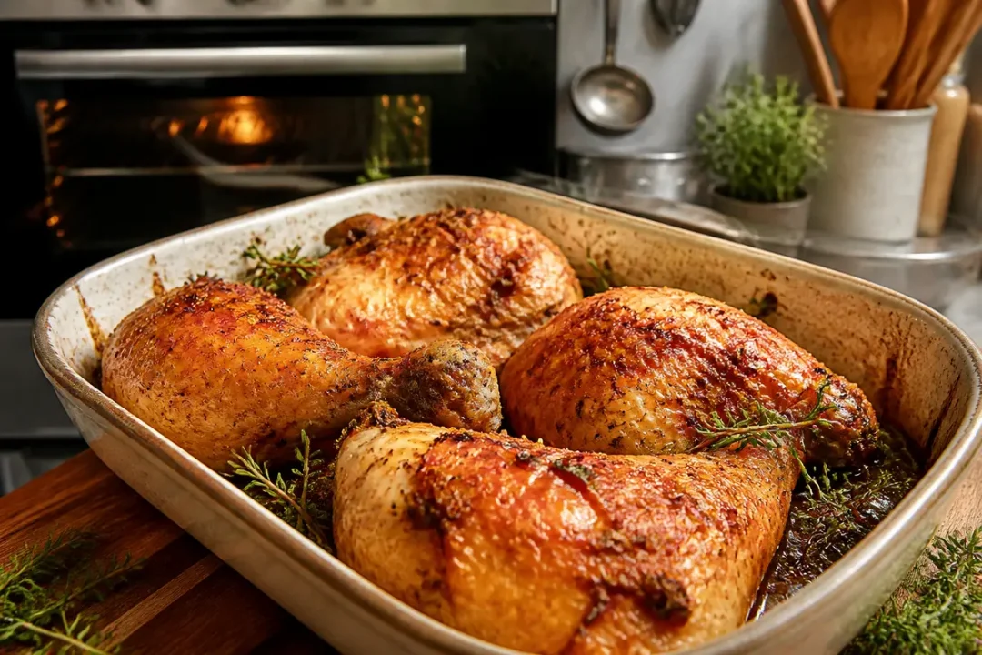 Poulet rôti appétissant dans un plat au four, herbes aromatiques décoratives, arrière-plan cuisine moderne.