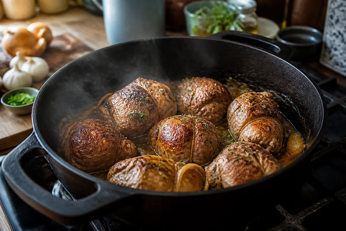 Rôti de veau mijoté dans une cocotte noire, décoré de persil frais en cuisine.
