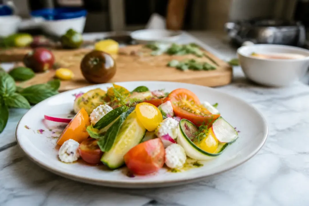 Assiette de salade colorée avec des tomates variées, concombres, herbes fraîches, sur table en marbre.