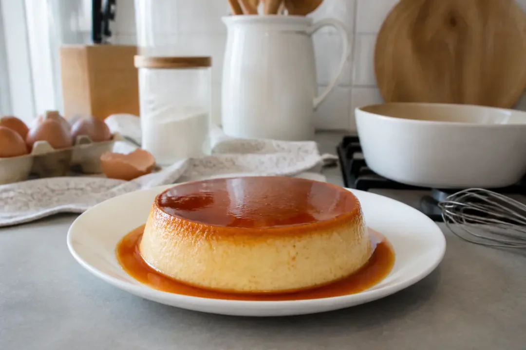 Flan au caramel dans une cuisine, avec ingrédients et ustensiles en arrière-plan, sur une assiette blanche.