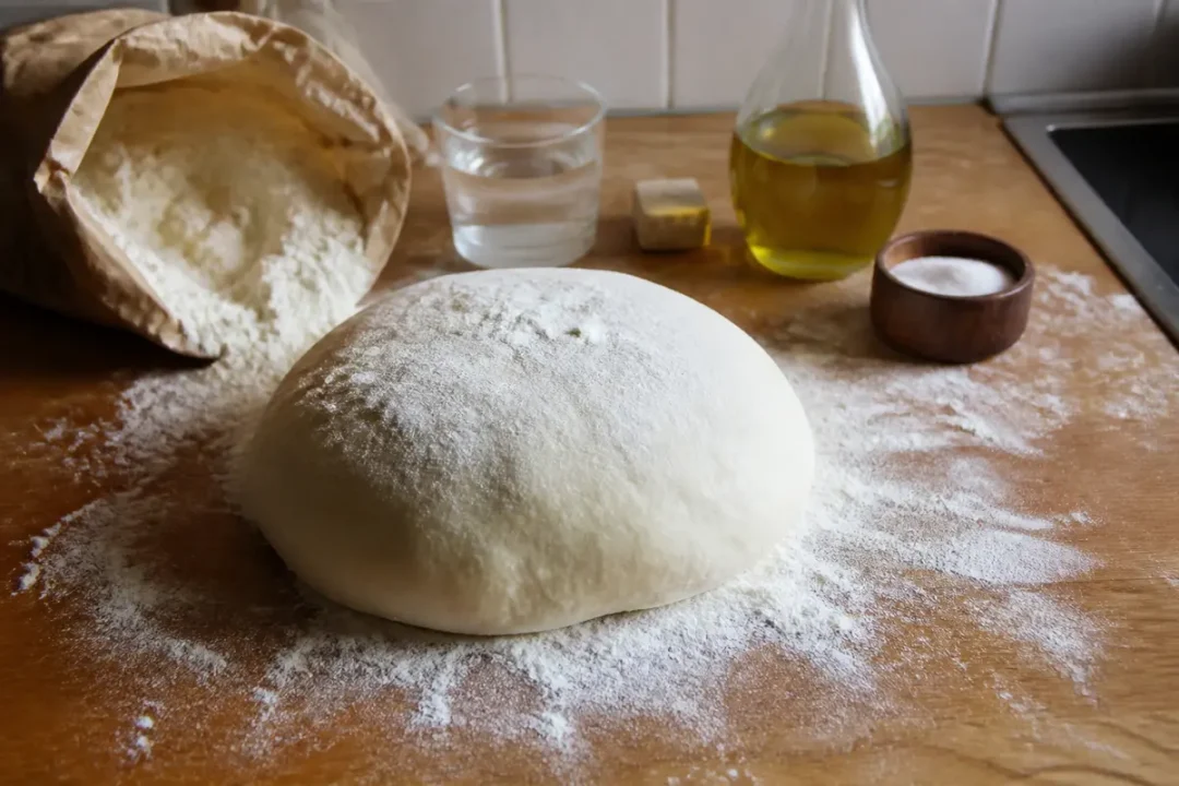 Pâte à pain sur plan de travail avec farine, eau, huile et sel en arrière-plan.