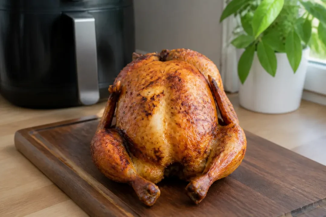 Poulet rôti doré sur planche à découper, près d'une friteuse et plante verte.