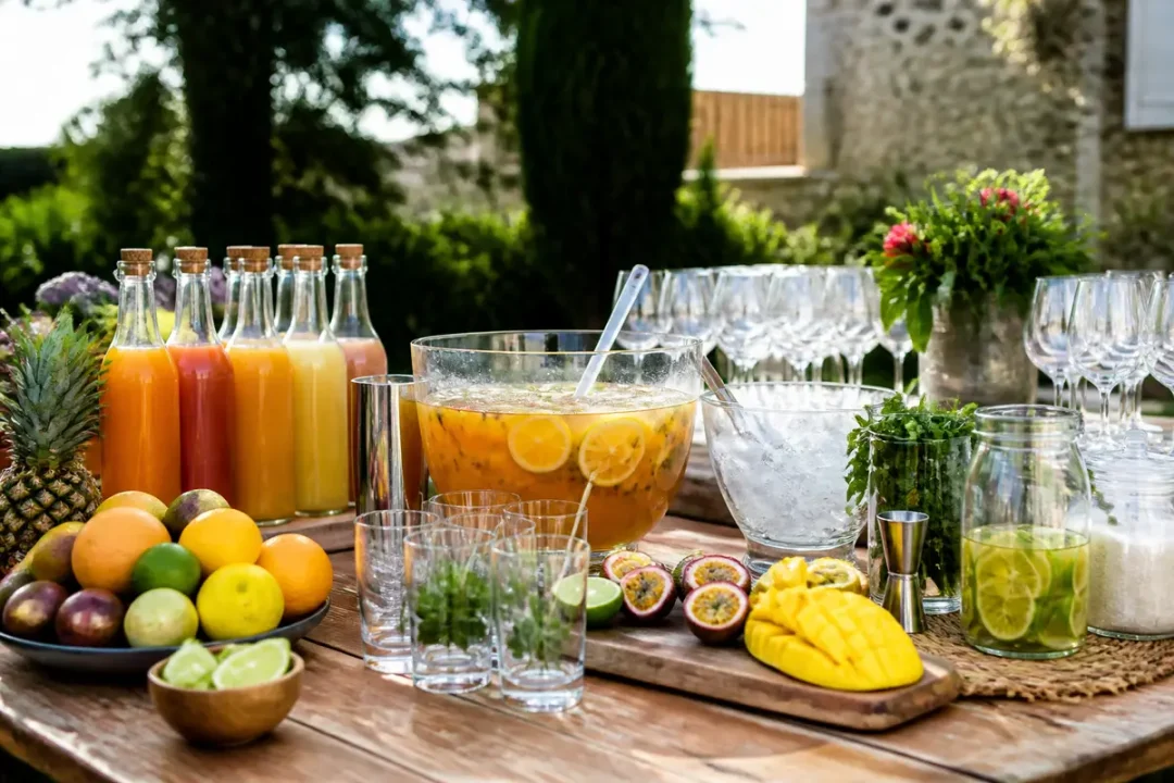 Buffet de boissons et fruits frais sur une table en bois, extérieur ensoleillé, ambiance estivale conviviale.