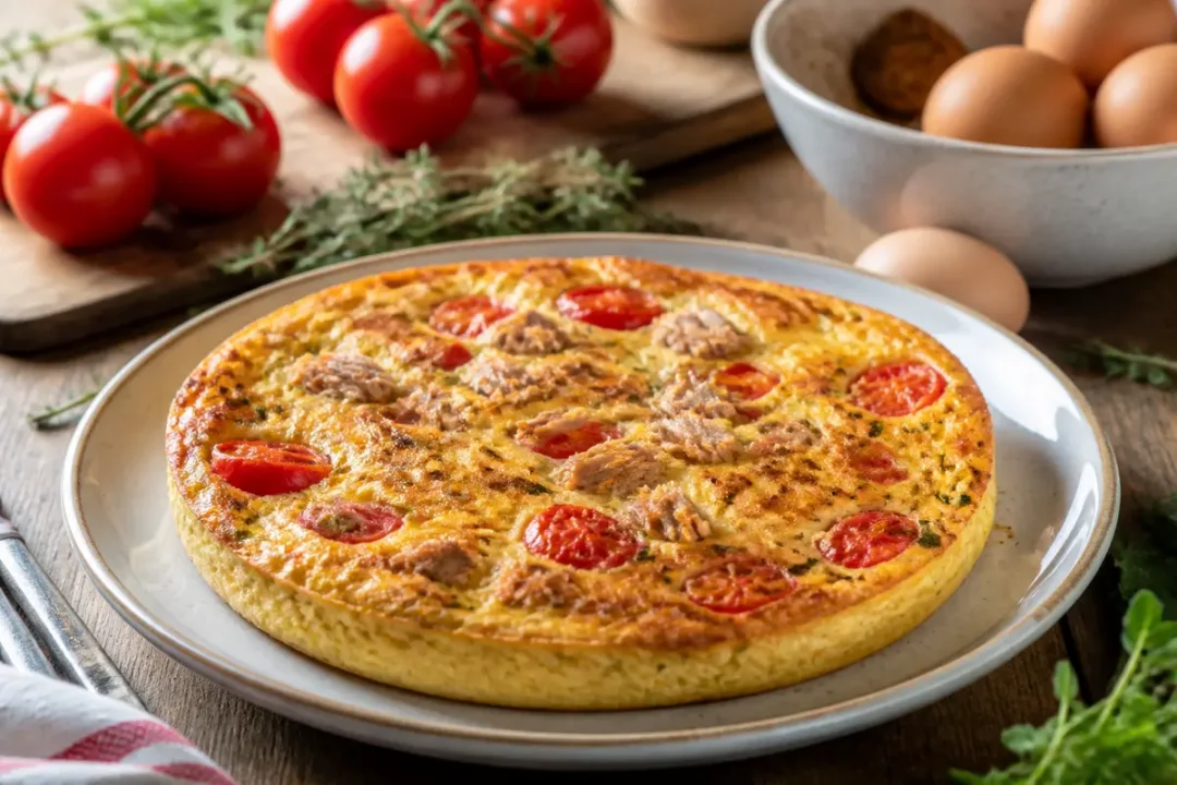 Omelette dorée avec tomates cerises et thon sur assiette, entourée d'œufs et tomates fraîches.