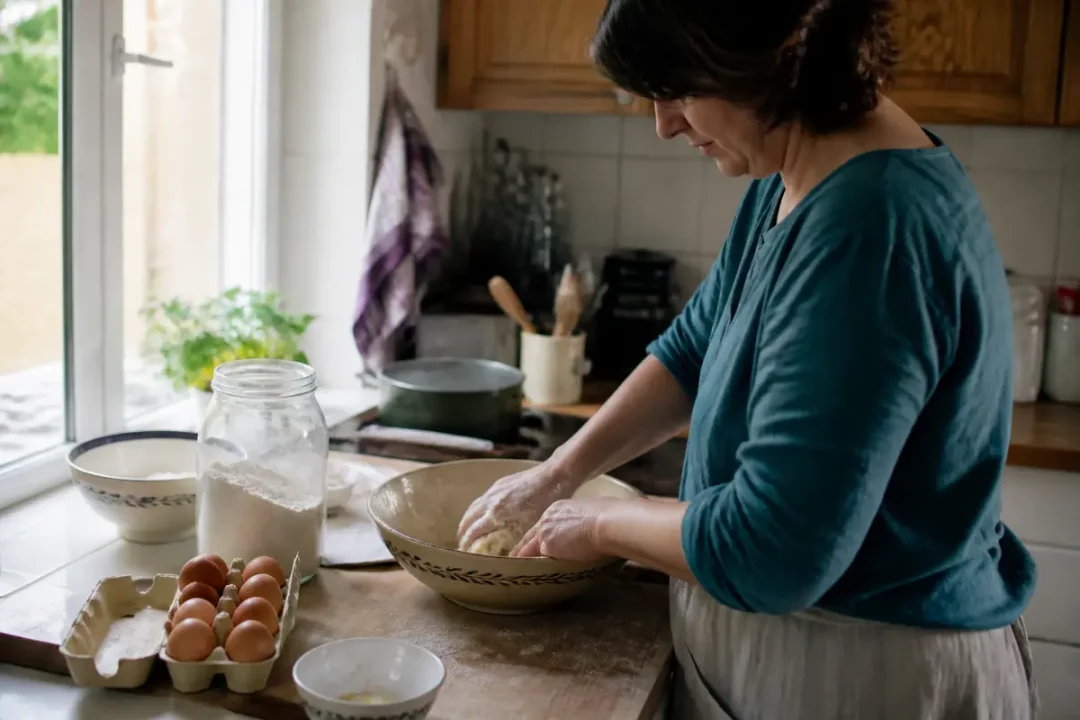 Femme préparant de la pâte dans une cuisine, avec farine et œufs sur la table.