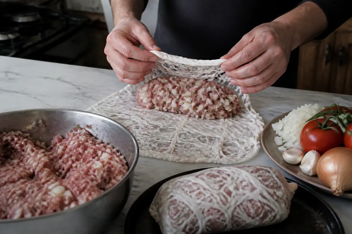 Personne préparant un pâté de viande hachée entouré de crépine, avec ingrédients frais autour.