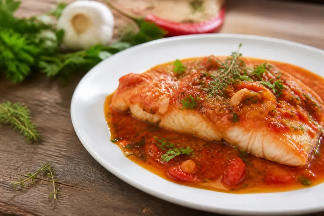 Assiette de poisson avec sauce tomate, herbes fraîches, ail, sur une table en bois, ambiance chaleureuse.