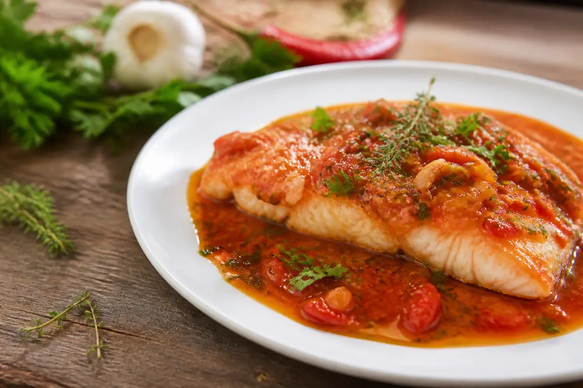 Assiette de poisson avec sauce tomate, herbes fraîches, ail, sur une table en bois, ambiance chaleureuse.