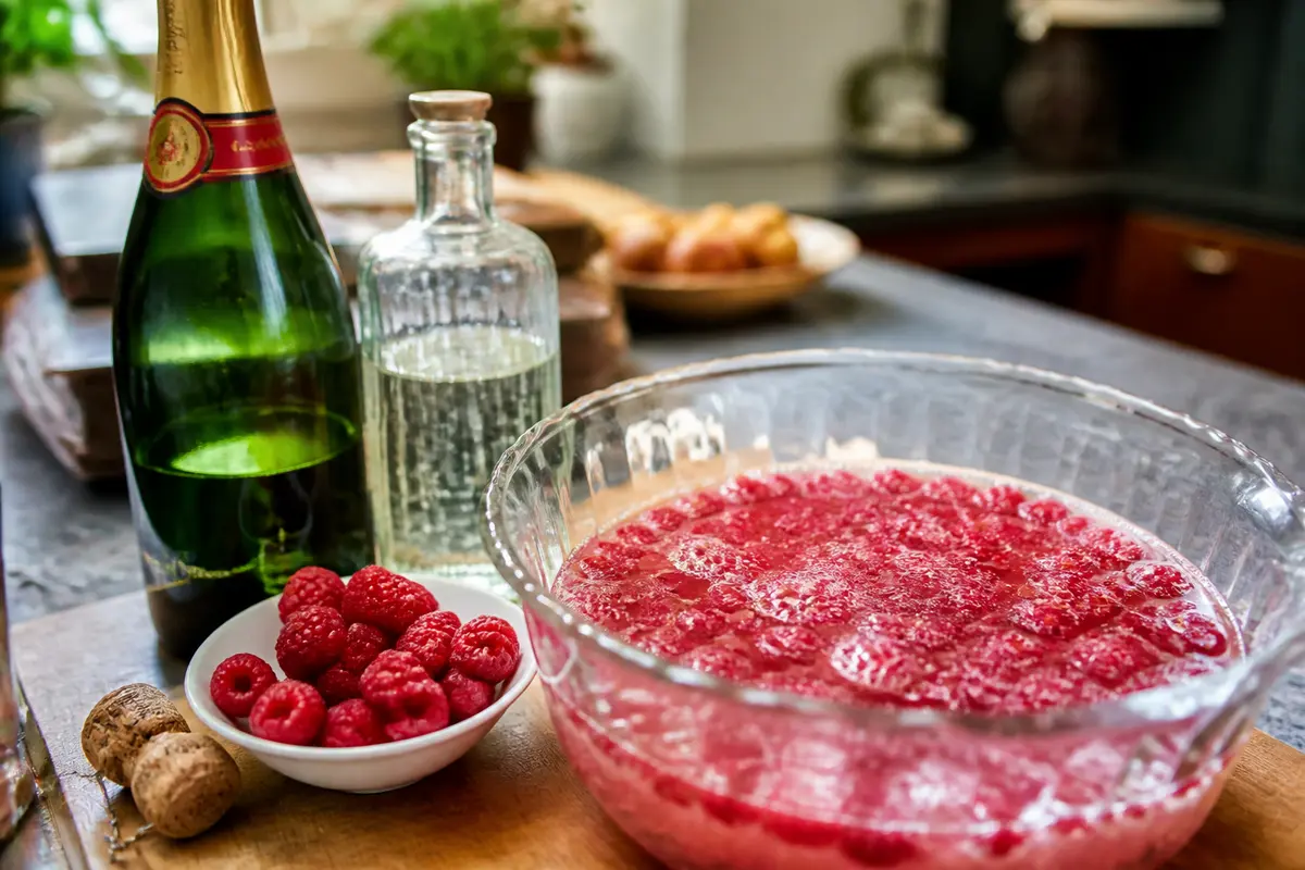 Bol de framboises, bouteille de champagne, carafe d'eau sur une table. Ambiance conviviale de cuisine.