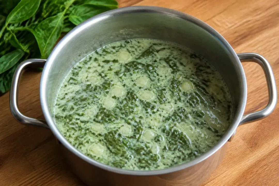 Casserole de sauce aux épinards crémeuse sur table en bois, feuilles d'épinards à côté.