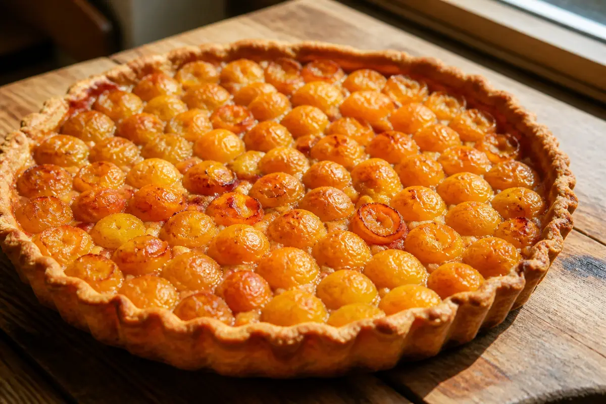 Tarte aux mirabelles dorées sur une table en bois près d'une fenêtre lumineuse.