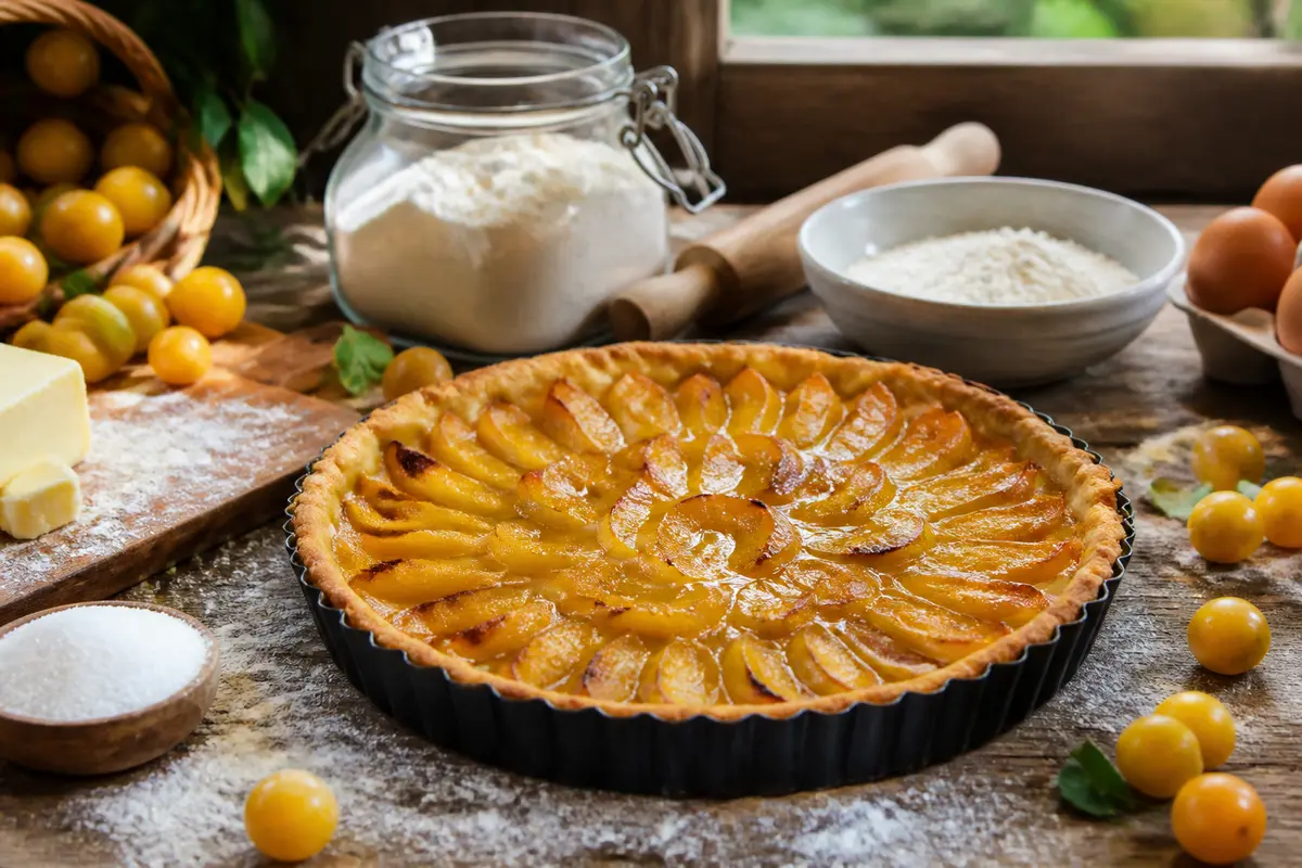 Tarte mirabelles dorĂ©es, ingrĂ©dients cuisson rustique ; farine, Ćufs, beurre, fruits sur table bois.