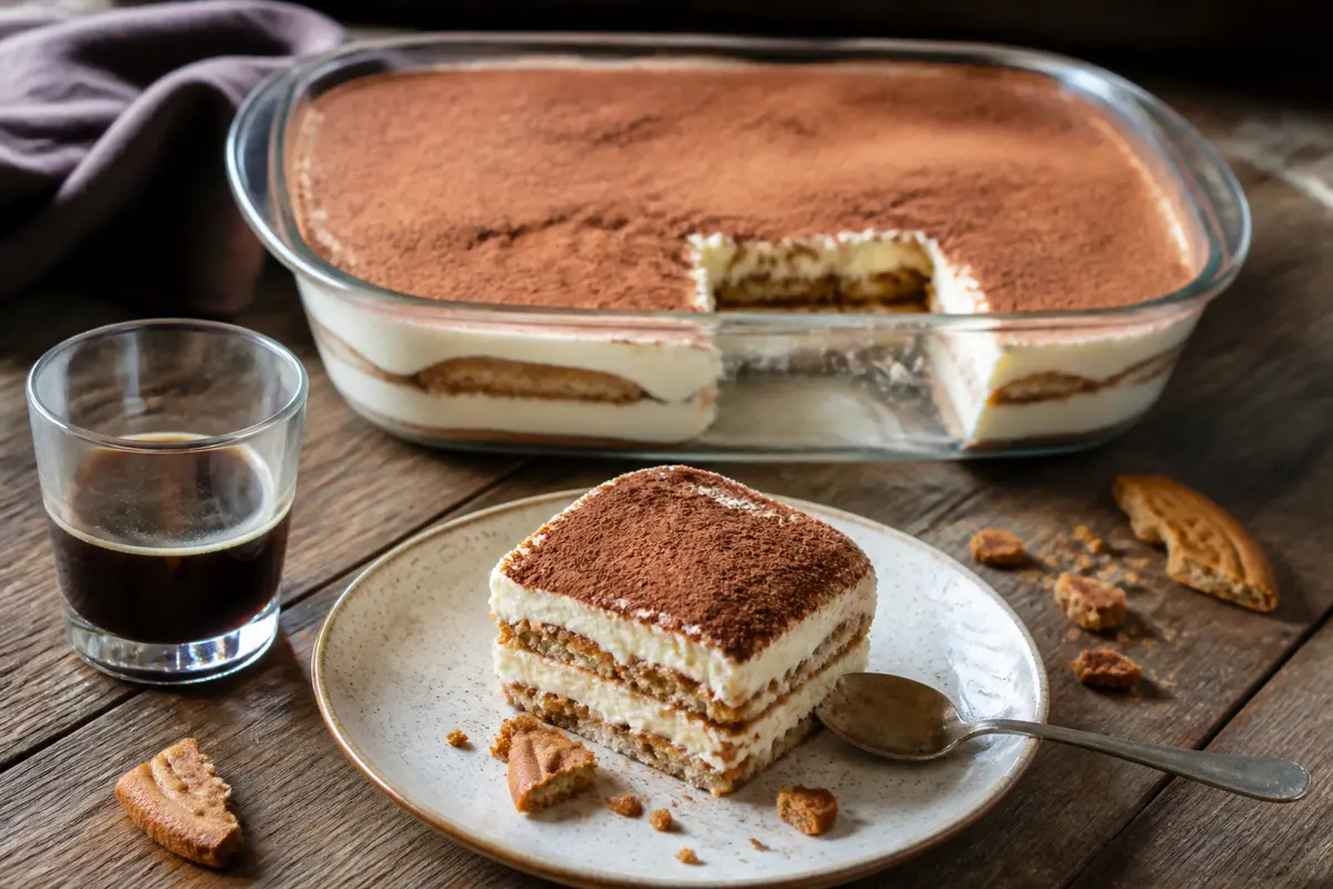 Tiramisu en tranches avec cacao, verre d'espresso, cuillère sur une assiette, biscuits émiettés, fond en bois.